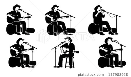 Black Solid Country Musician Poses Set of Six on White Background Black Solid Country Musician Poses Set of Six on White Background 137988928
