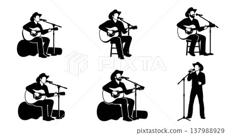 Black Solid Country Musician Poses Set of Six on White Background Black Solid Country Musician Poses Set of Six on White Background 137988929