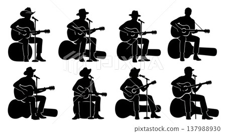 Black Solid Country Musician Poses Set of Six on White Background Black Solid Country Musician Poses Set of Six on White Background 137988930