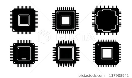 Black Solid CPU Microchip Silhouettes Set of Six on White Background 137988941