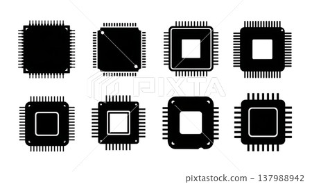 Black Solid CPU Microchip Silhouettes Set of Six on White Background Black Solid CPU Microchip Silhouettes Set of Six on White Background 137988942