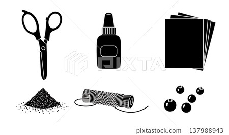 Black Solid Craft Supplies Silhouettes Set of Six on White Background Black Solid Craft Supplies Silhouettes Set of Six on White Background 137988943