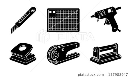 Black Solid Craft Tools Silhouettes Set of Six on White Background Black Solid Craft Tools Silhouettes Set of Six on White Background 137988947