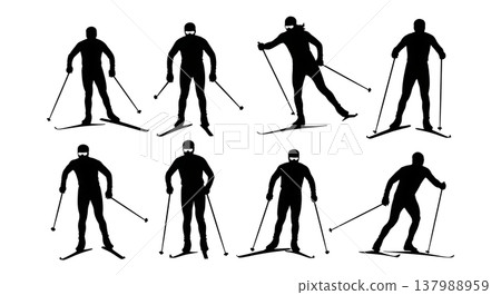 Black Solid Cross Country Skiers Silhouettes Set of Six on White Background Black Solid Cross Country Skiers Silhouettes Set of Six on White Background 137988959