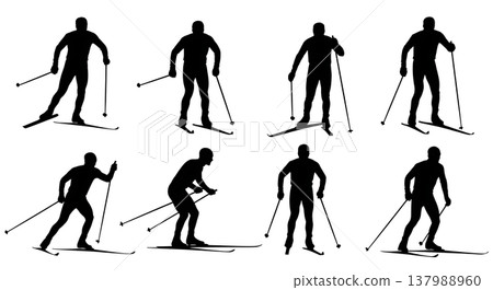 Black Solid Cross Country Skiers Silhouettes Set of Six on White Background Black Solid Cross Country Skiers Silhouettes Set of Six on White Background 137988960