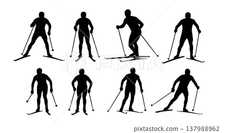 Black Solid Cross Country Skiers Silhouettes Set of Six on White Background Black Solid Cross Country Skiers Silhouettes Set of Six on White Background 137988962