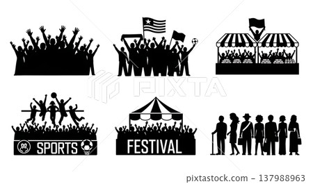 Black Solid Crowd Gathering Silhouettes Set of Six on White Background Black Solid Crowd Gathering Silhouettes Set of Six on White Background 137988963