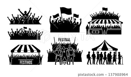 Black Solid Crowd Gathering Silhouettes Set of Six on White Background 137988964