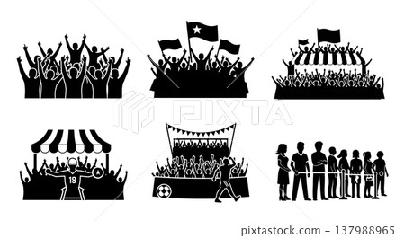 Black Solid Crowd Gathering Silhouettes Set of Six on White Background Black Solid Crowd Gathering Silhouettes Set of Six on White Background 137988965