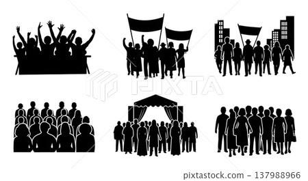 Black Solid Crowd Gathering Silhouettes Set of Six on White Background Black Solid Crowd Gathering Silhouettes Set of Six on White Background 137988966