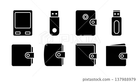Black Solid Crypto Wallet Silhouettes Set of Six on White Background Black Solid Crypto Wallet Silhouettes Set of Six on White Background 137988979