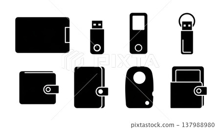 Black Solid Crypto Wallet Silhouettes Set of Six on White Background Black Solid Crypto Wallet Silhouettes Set of Six on White Background 137988980