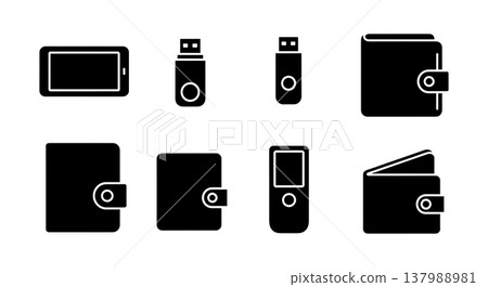 Black Solid Crypto Wallet Silhouettes Set of Six on White Background 137988981