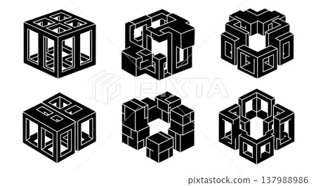 Black Solid Cubic Frame Silhouettes Set of Six on White Background Black Solid Cubic Frame Silhouettes Set of Six on White Background 137988986