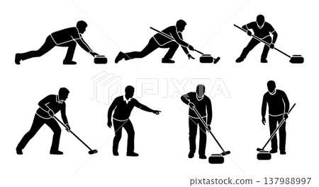 Black Solid Curling Players Silhouettes Set of Six on White Background Black Solid Curling Players Silhouettes Set of Six on White Background 137988997
