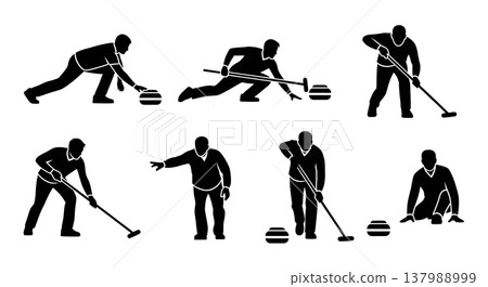 Black Solid Curling Players Silhouettes Set of Six on White Background 137988999