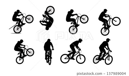 Black Solid Cycling Stunts Silhouettes Set of Six on White Background 137989004