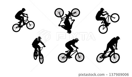Black Solid Cycling Stunts Silhouettes Set of Six on White Background 137989006