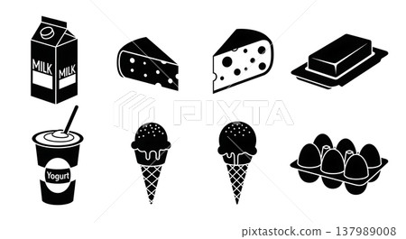 Black Solid Dairy Silhouettes Set of Six on White Background Black Solid Dairy Silhouettes Set of Six on White Background 137989008