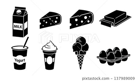 Black Solid Dairy Silhouettes Set of Six on White Background Black Solid Dairy Silhouettes Set of Six on White Background 137989009