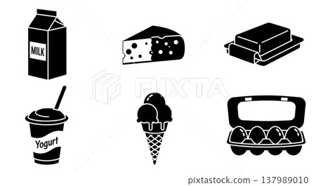 Black Solid Dairy Silhouettes Set of Six on White Background Black Solid Dairy Silhouettes Set of Six on White Background 137989010