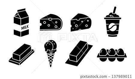 Black Solid Dairy Silhouettes Set of Six on White Background Black Solid Dairy Silhouettes Set of Six on White Background 137989011