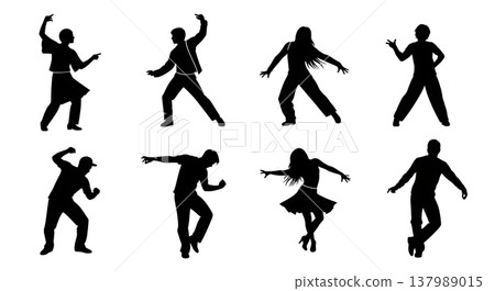Black Solid Dancing People Silhouettes Set of Six on White Background Black Solid Dancing People Silhouettes Set of Six on White Background 137989015