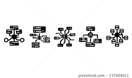 Black Solid Data Node Silhouettes Set of Six on White Background Black Solid Data Node Silhouettes Set of Six on White Background 137989021