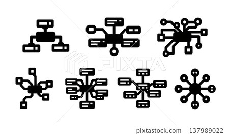 Black Solid Data Node Silhouettes Set of Six on White Background Black Solid Data Node Silhouettes Set of Six on White Background 137989022