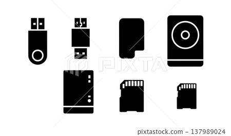 Black Solid Data Storage Silhouettes Set of Six on White Background 137989024