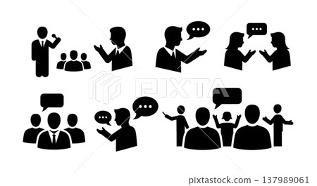 Black Solid Debate Discussion Silhouettes Set of Six on White Background Black Solid Debate Discussion Silhouettes Set of Six on White Background 137989061
