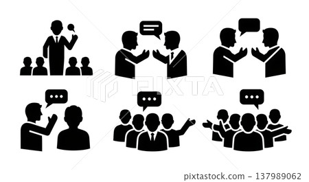 Black Solid Debate Discussion Silhouettes Set of Six on White Background Black Solid Debate Discussion Silhouettes Set of Six on White Background 137989062