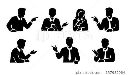 Black Solid Debate Discussion Silhouettes Set of Six on White Background Black Solid Debate Discussion Silhouettes Set of Six on White Background 137989064