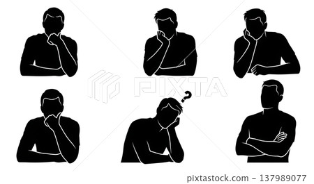 Black Solid Deep Thought Silhouettes Set of Six on White Background Black Solid Deep Thought Silhouettes Set of Six on White Background 137989077
