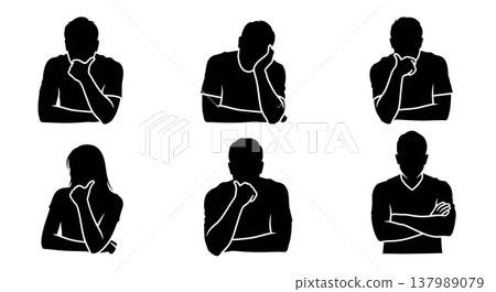 Black Solid Deep Thought Silhouettes Set of Six on White Background 137989079