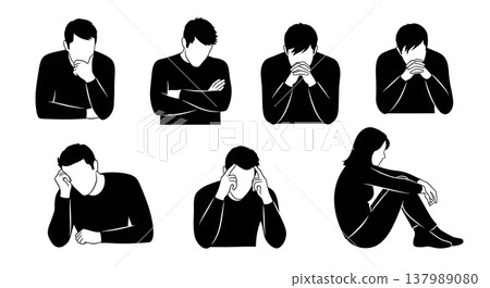 Black Solid Deep Thought Silhouettes Set of Six on White Background 137989080