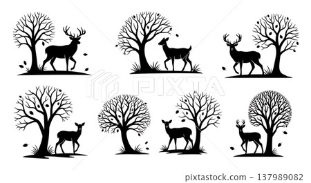 Black Solid Deer Family in Autumn Forest Silhouette Scenes 137989082