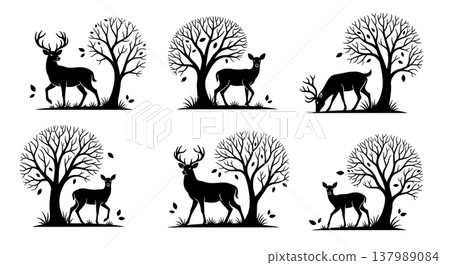 Black Solid Deer Family in Autumn Forest Silhouette Scenes 137989084