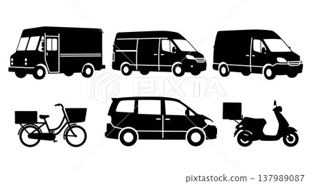 Black Solid Delivery Vans and Courier Vehicles Silhouettes Set of Six on White Background Black Solid Delivery Vans and Courier Vehicles Silhouettes Set of Six on White Background 137989087