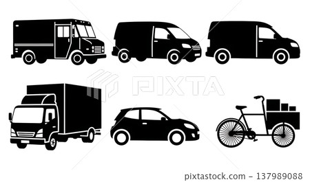 Black Solid Delivery Vans and Courier Vehicles Silhouettes Set of Six on White Background 137989088