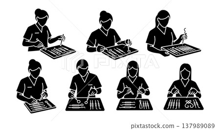 Black Solid Dental Assistant Silhouettes Set of Six on White Background 137989089