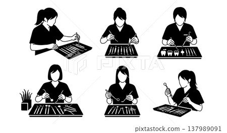Black Solid Dental Assistant Silhouettes Set of Six on White Background 137989091