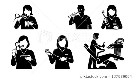 Black Solid Dental Hygienist Silhouettes Set of Six on White Background Black Solid Dental Hygienist Silhouettes Set of Six on White Background 137989094