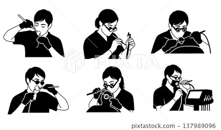 Black Solid Dental Hygienist Silhouettes Set of Six on White Background 137989096