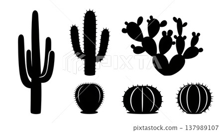 Vector Set of Six Black Solid Desert Cactus Plant Silhouettes 137989107