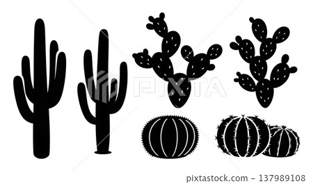 Vector Set of Six Black Solid Desert Cactus Plant Silhouettes 137989108