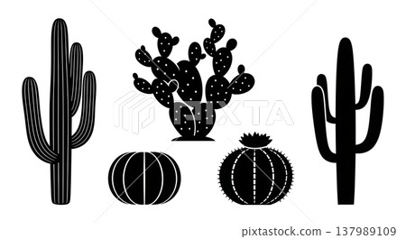 Vector Set of Six Black Solid Desert Cactus Plant Silhouettes 137989109
