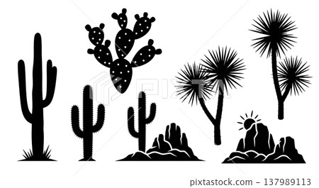 Black Solid Desert Landscape Elements Silhouettes Set of Six Black Solid Desert Landscape Elements Silhouettes Set of Six 137989113
