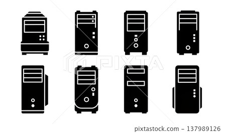 Black Solid Desktop Computer Silhouettes Set of Six on White Background 137989126