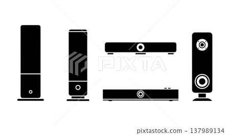 Black Solid Desktop Speaker Silhouettes Set of Six on White Background Black Solid Desktop Speaker Silhouettes Set of Six on White Background 137989134